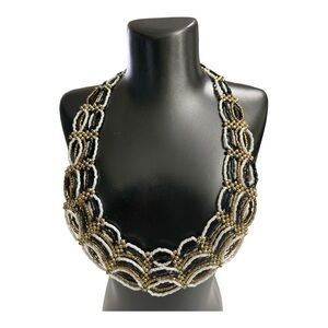 Stunning Circular Pattern Seed Bead
Collar Necklace
(Black/White/Gold)